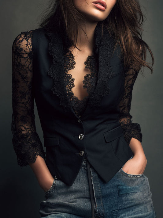 Nina | Elegancka Marynarka z Koronkowymi Rękawami